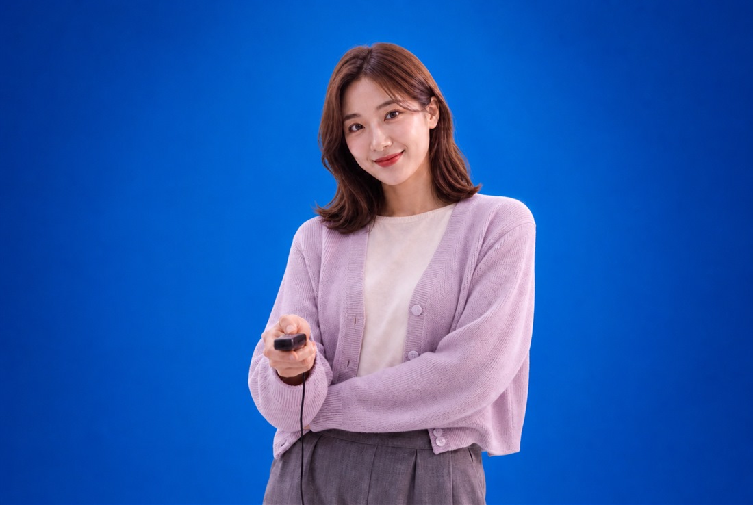 가상 모델을 파란 스튜디오 배경으로 연출한 사진